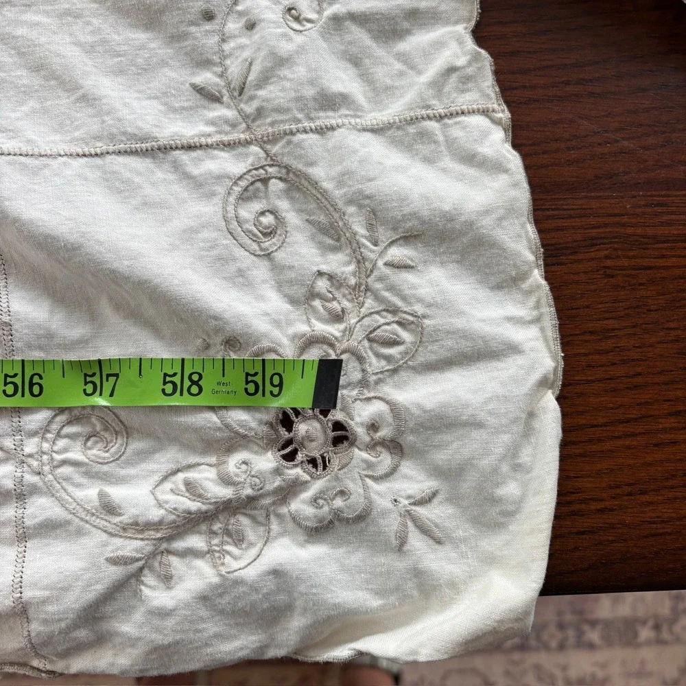 Vintage Cream Embroidered Linen Tablecloth + Table Runner Cutwork Lace  59x48